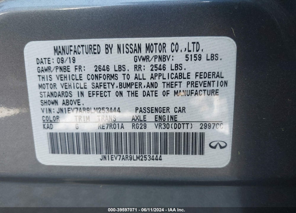 2020 INFINITI Q50 LUXE AWD VIN: JN1EV7AR9LM253444