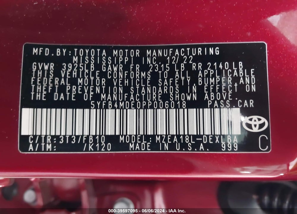 2023 TOYOTA COROLLA LE VIN: 5YFB4MDE0PP006018