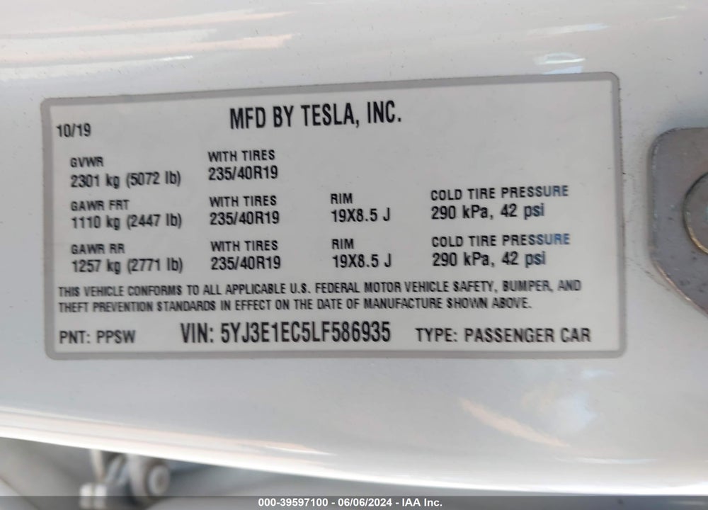 2020 TESLA MODEL 3 PERFORMANCE DUAL MOTOR ALL-WHEEL DRIVE VIN: 5YJ3E1EC5LF586935