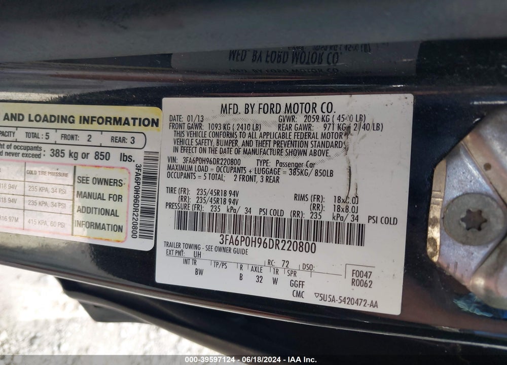 2013 FORD FUSION SE VIN: 3FA6P0H96DR220800