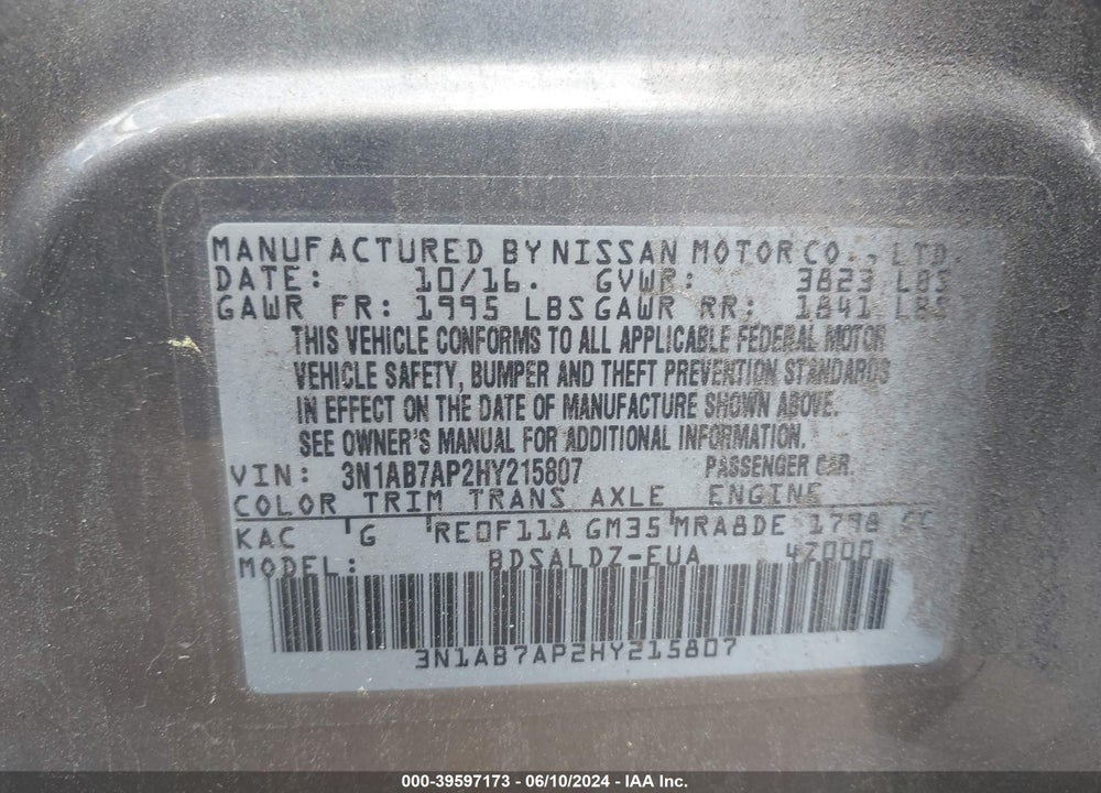 2017 NISSAN SENTRA SV VIN: 3N1AB7AP2HY215807