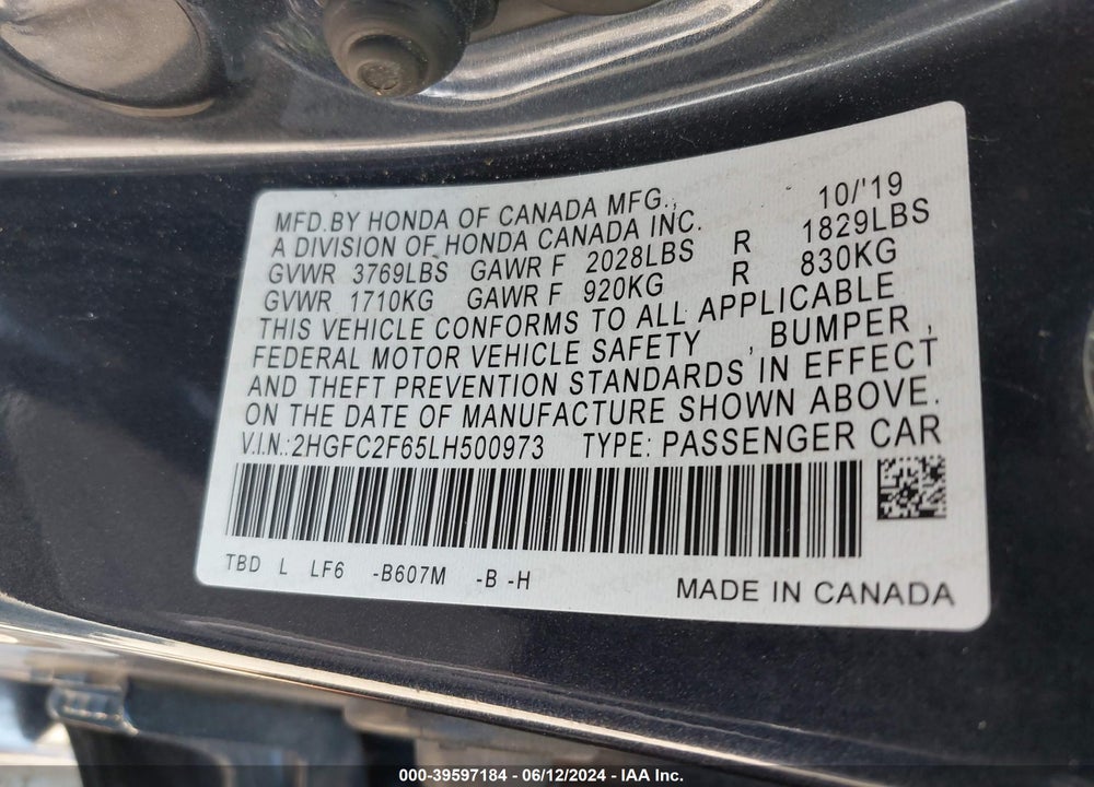 2020 HONDA CIVIC LX VIN: 2HGFC2F65LH500973