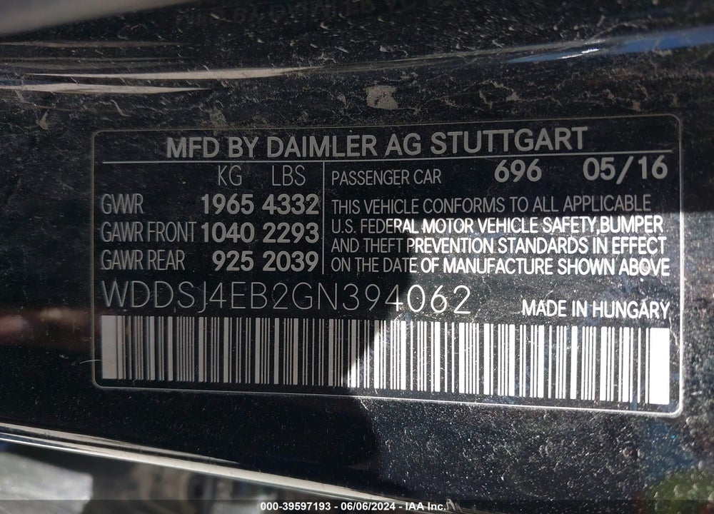 2016 MERCEDES-BENZ CLA 250 VIN: WDDSJ4EB2GN394062