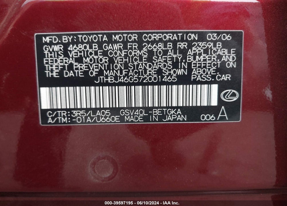 2007 LEXUS ES 350 VIN: JTHBJ46G572001465