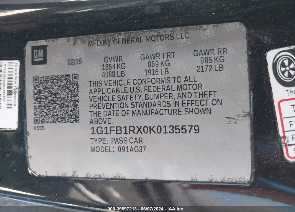 2019 CHEVROLET CAMARO 1LS VIN: 1G1FB1RX0K0135579