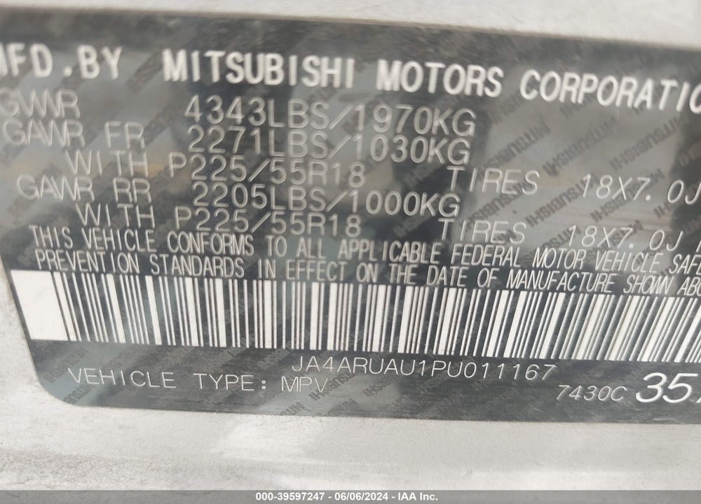 2023 MITSUBISHI OUTLANDER SPORT 2.0 ES AWC/2.0 LE AWC/2.0 RALLIART AWC/2.0 S AWC/2.0 SE AWC VIN: JA4ARUAU1PU011167