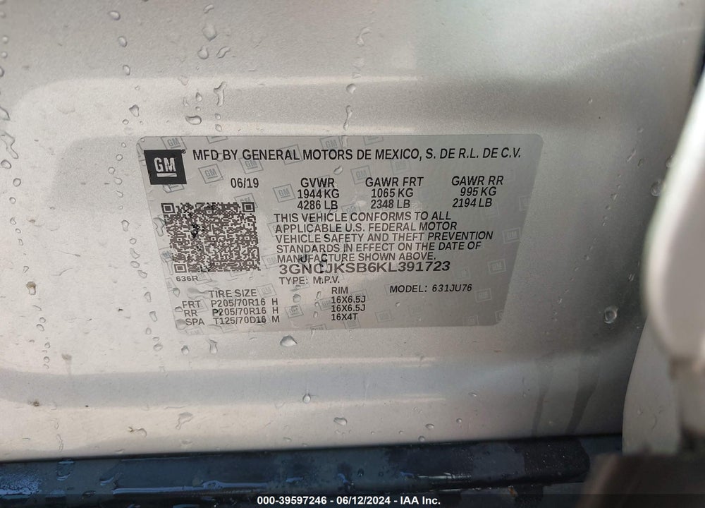 2019 CHEVROLET TRAX LS VIN: 3GNCJKSB6KL391723