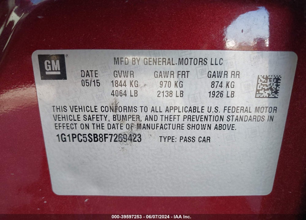 2015 CHEVROLET CRUZE 1LT AUTO VIN: 1G1PC5SB8F7269423