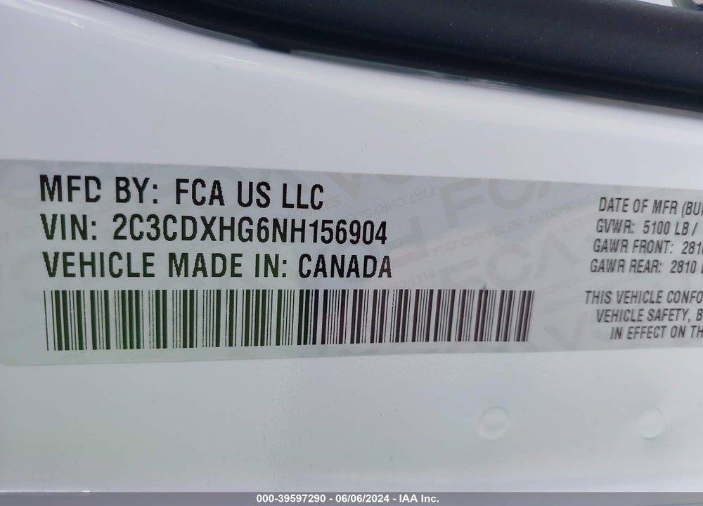 2022 DODGE CHARGER GT RWD VIN: 2C3CDXHG6NH156904