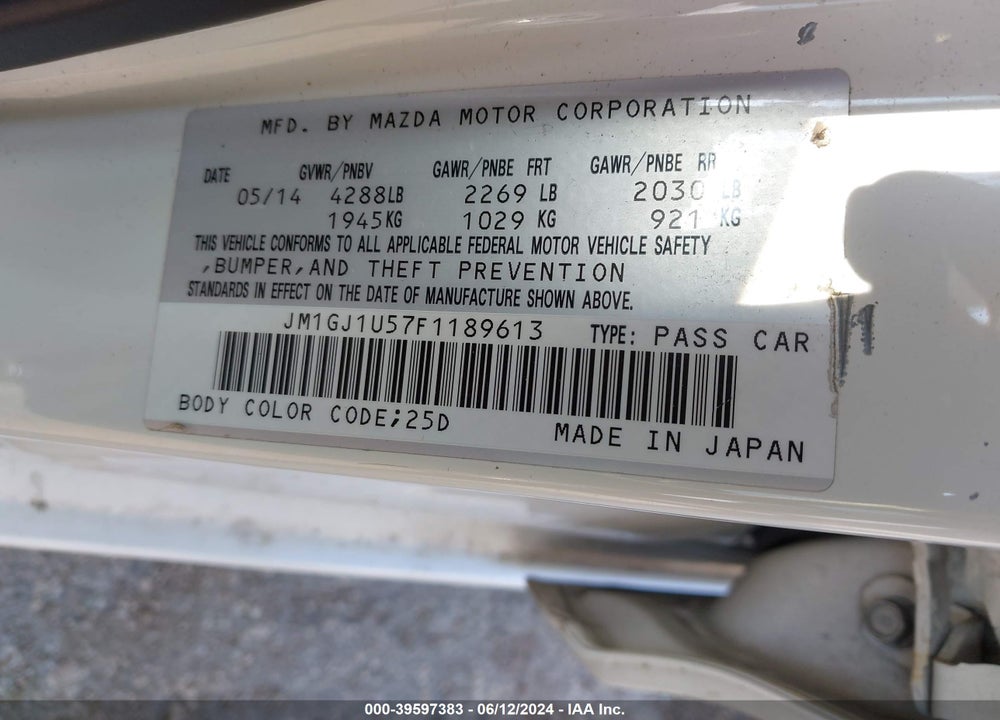 2015 MAZDA 6 I SPORT VIN: JM1GJ1U57F1189613