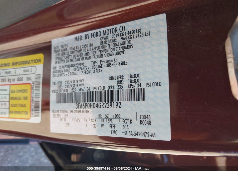 2016 FORD FUSION SE VIN: 3FA6P0HD4GR239192