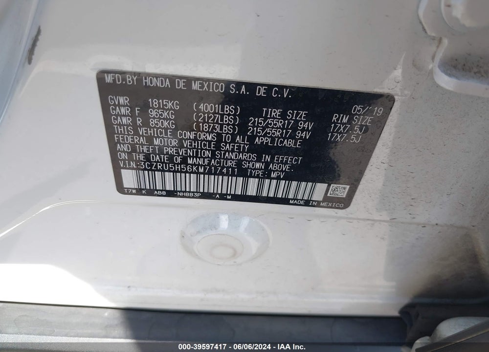 2019 HONDA HR-V EX VIN: 3CZRU5H56KM717411
