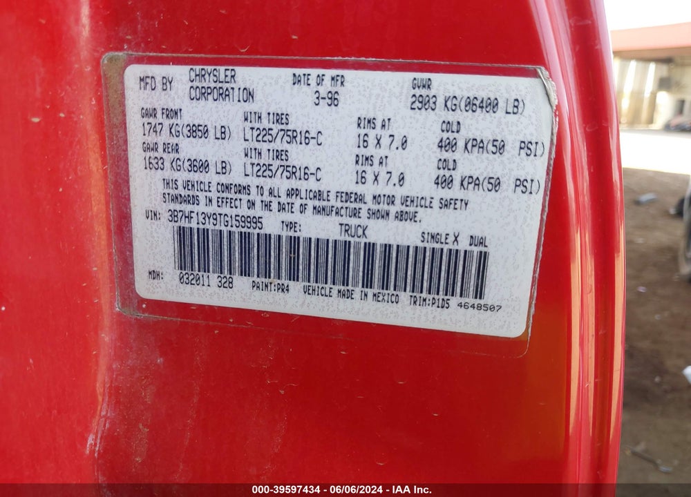 1996 DODGE RAM 1500 VIN: 3B7HF13Y9TG159995