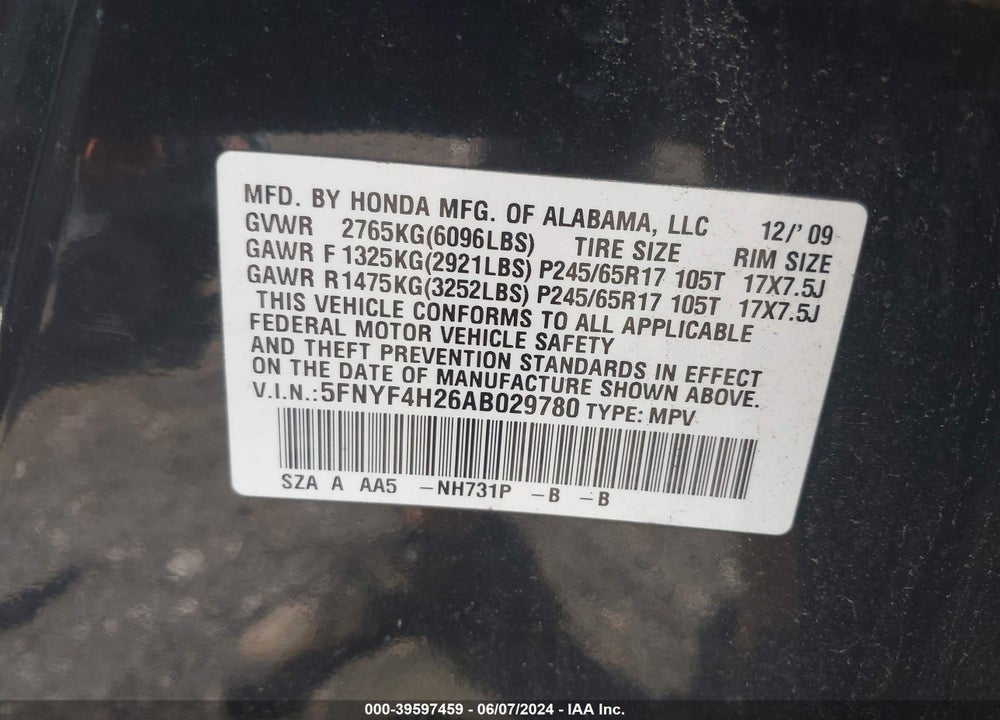 2010 HONDA PILOT VIN: 5FNYF4H26AB029780