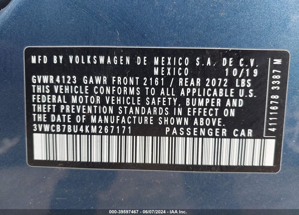 2019 VOLKSWAGEN JETTA 1.4T R-LINE/1.4T S/1.4T SE VIN: 3VWCB7BU4KM267171
