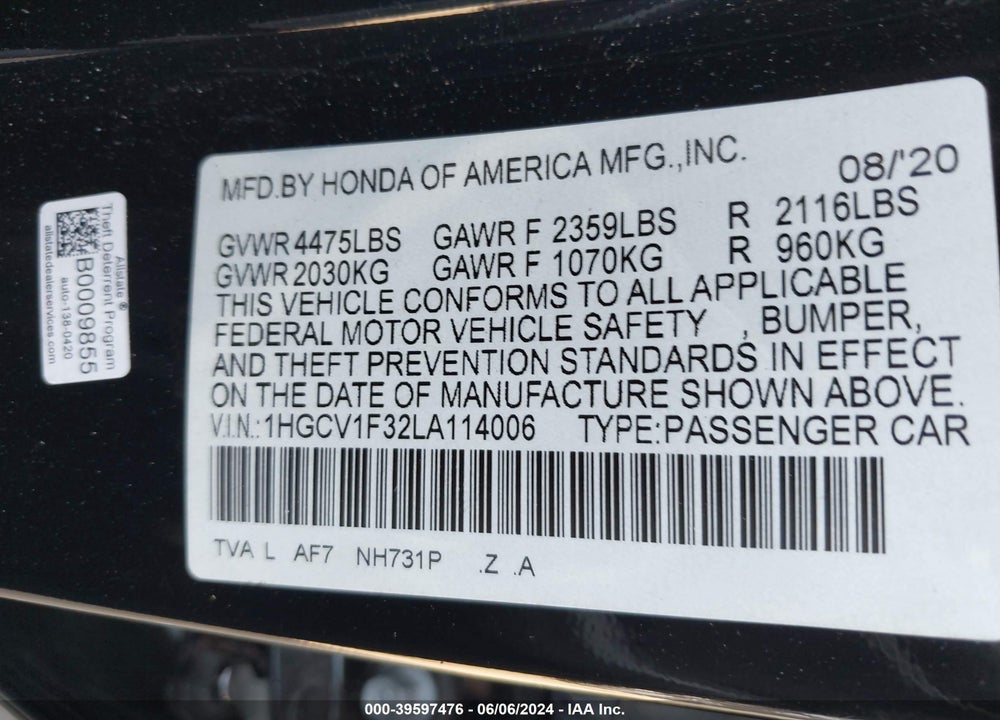 2020 HONDA ACCORD SPORT VIN: 1HGCV1F32LA114006