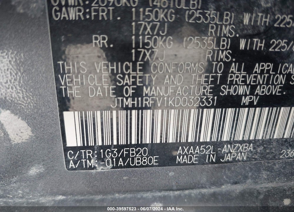 2019 TOYOTA RAV4 LE VIN: JTMH1RFV1KD032331
