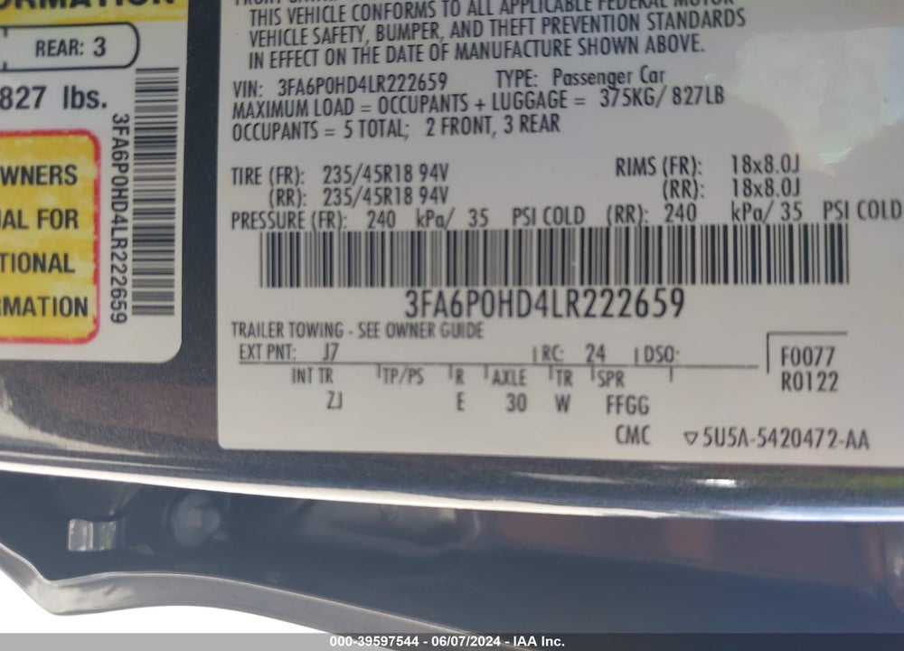 2020 FORD FUSION SE VIN: 3FA6P0HD4LR222659