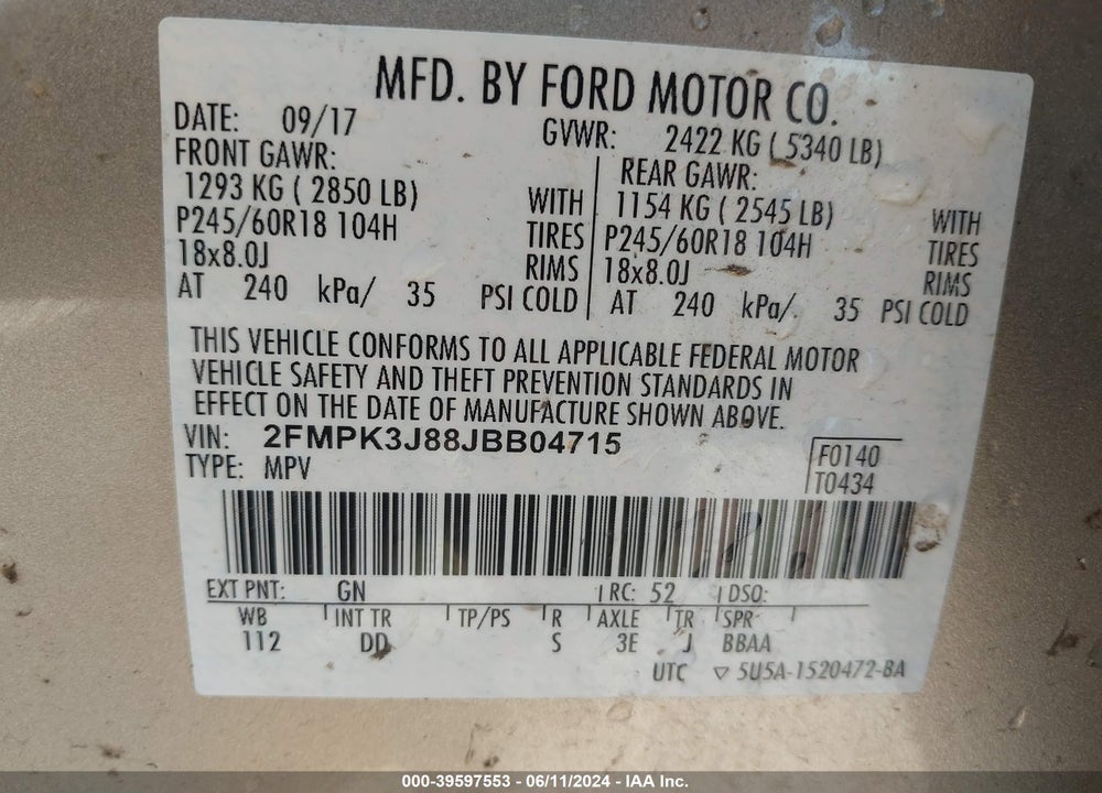 2018 FORD EDGE SEL VIN: 2FMPK3J88JBB04715