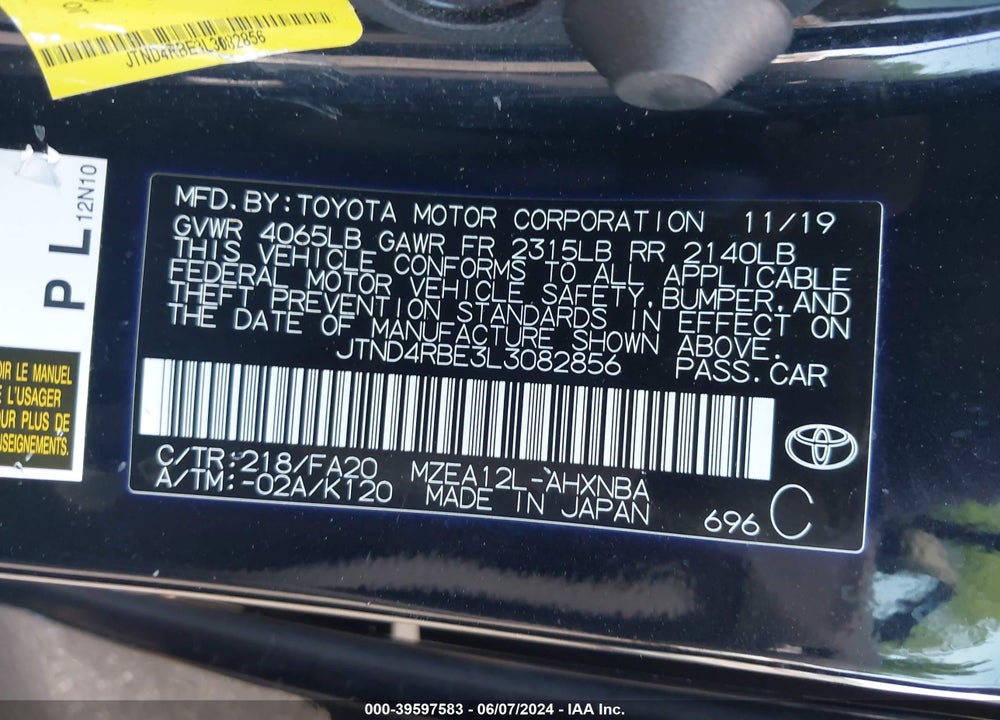 2020 TOYOTA COROLLA SE VIN: JTND4RBE3L3082856