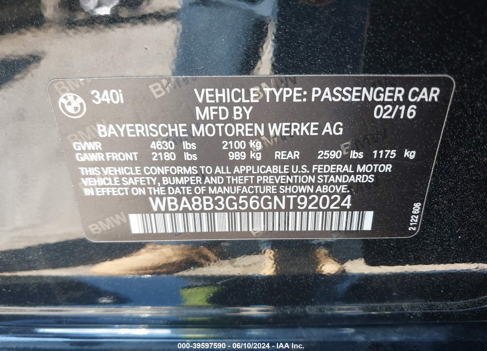 2016 BMW 340I VIN: WBA8B3G56GNT92024