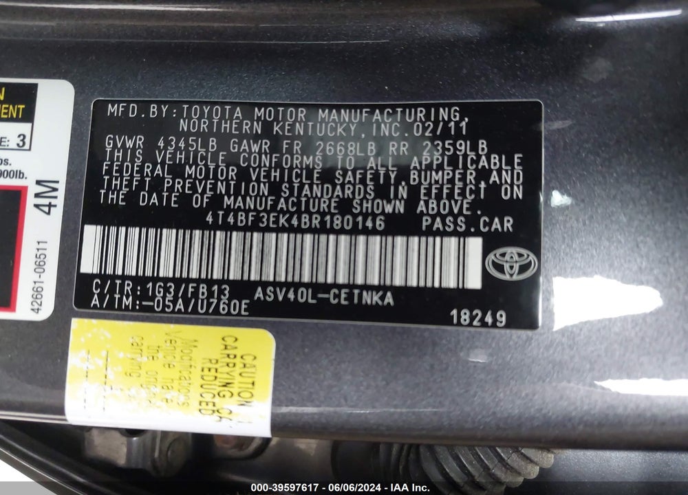 2011 TOYOTA CAMRY LE VIN: 4T4BF3EK4BR180146