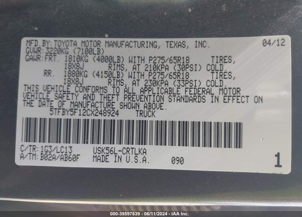 2012 TOYOTA TUNDRA LIMITED 5.7L V8 VIN: 5TFBY5F12CX248924