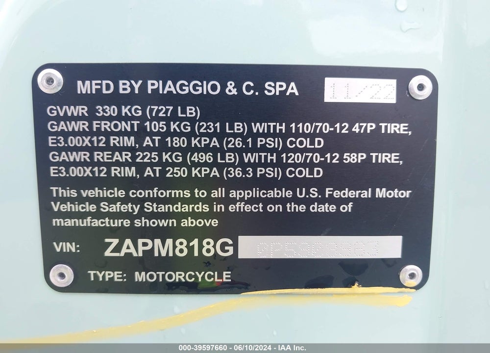 2023 VESPA PRIMAVERA/SPRINT 150 VIN: ZAPM818G0P5908963