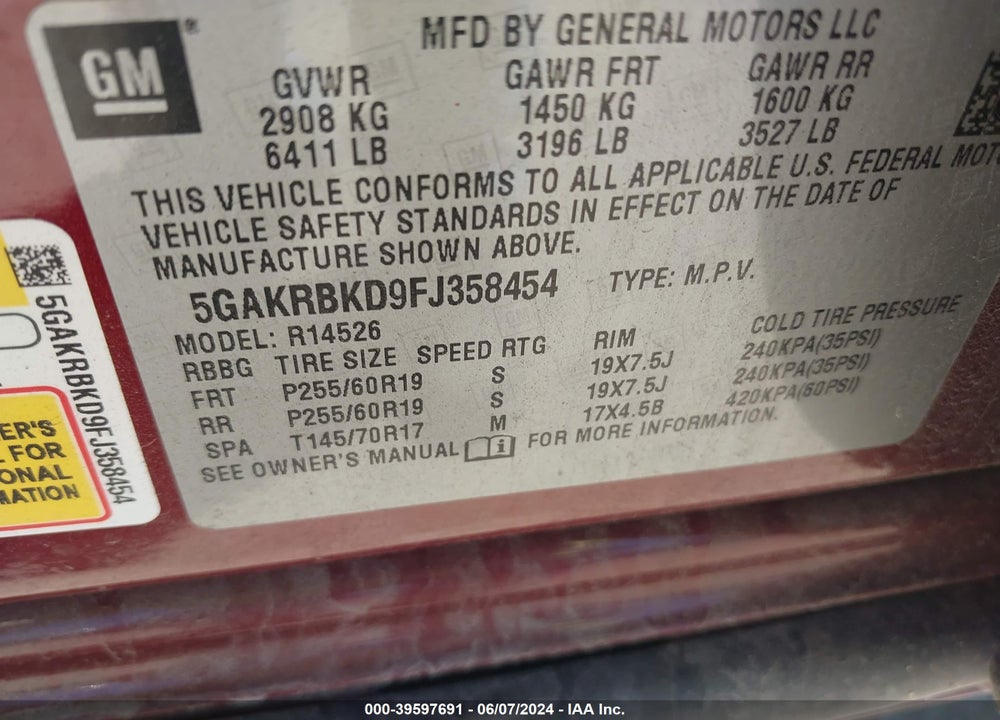 2015 BUICK ENCLAVE LEATHER VIN: 5GAKRBKD9FJ358454