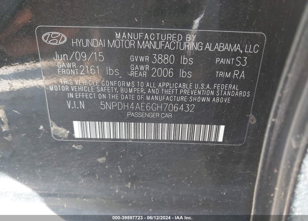 2016 HYUNDAI ELANTRA SE VIN: 5NPDH4AE6GH706432