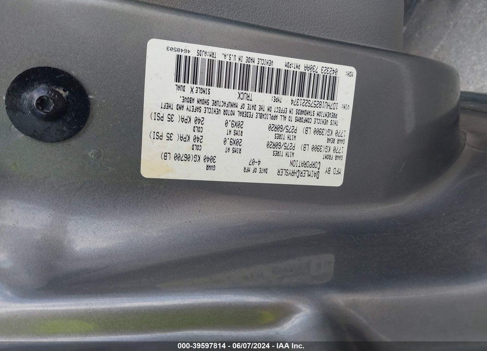 2007 DODGE RAM 1500 SLT/TRX4 OFF ROAD/SPORT VIN: 1D7HU18257S221374