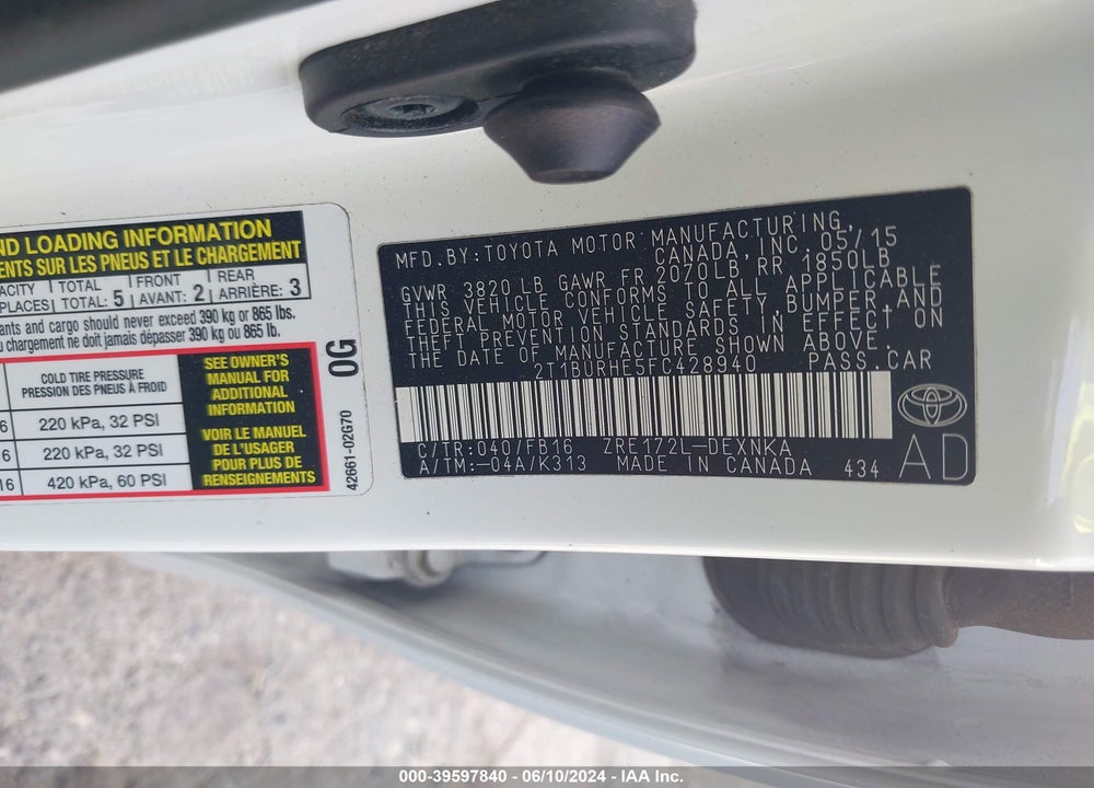 2015 TOYOTA COROLLA VIN: 2T1BURHE5FC428940