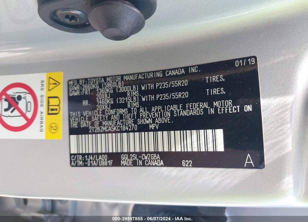 2019 LEXUS RX 350 VIN: 2T2BZMCA5KC184270