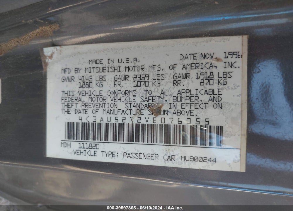 1997 CHRYSLER SEBRING LXI VIN: 4C3AU52N2VE076055