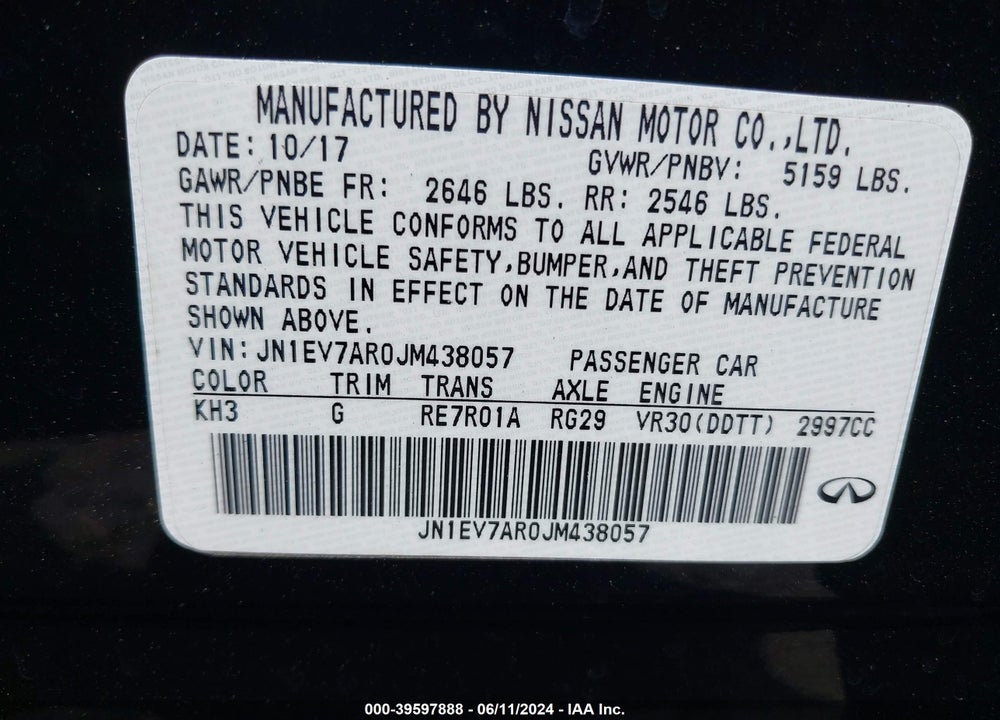 2018 INFINITI Q50 3.0T LUXE VIN: JN1EV7AR0JM438057