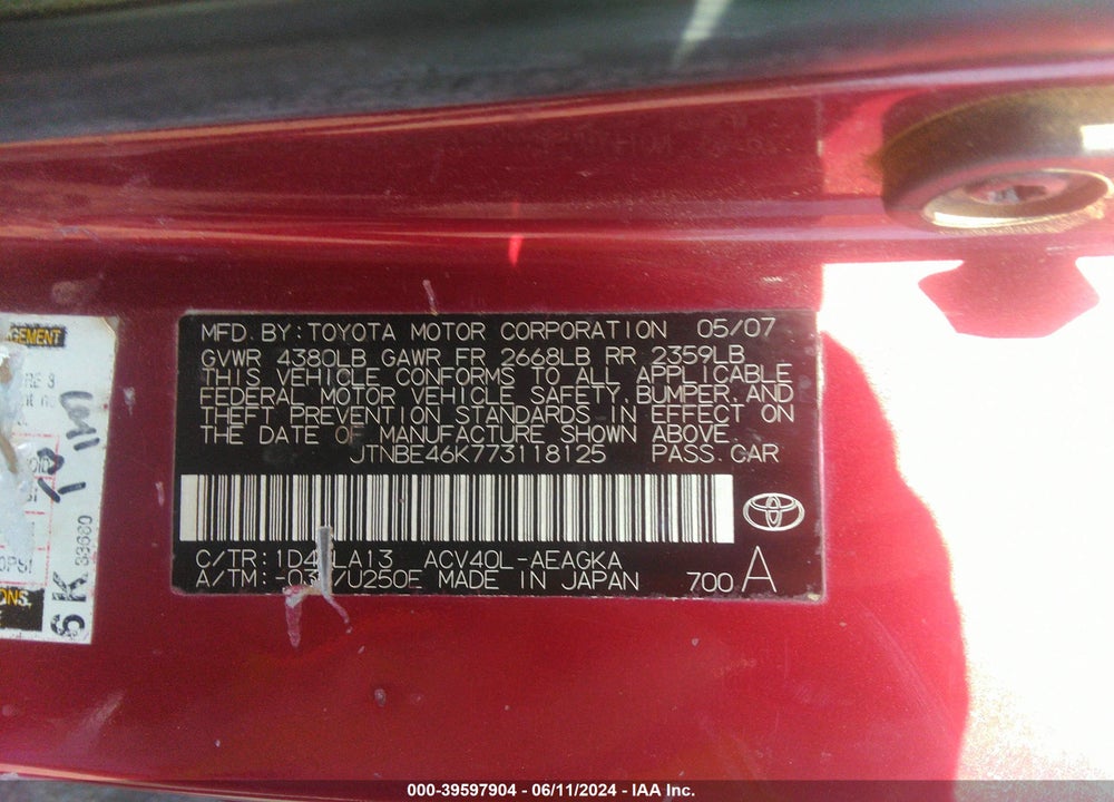 2007 TOYOTA CAMRY VIN: JTNBE46K773118125