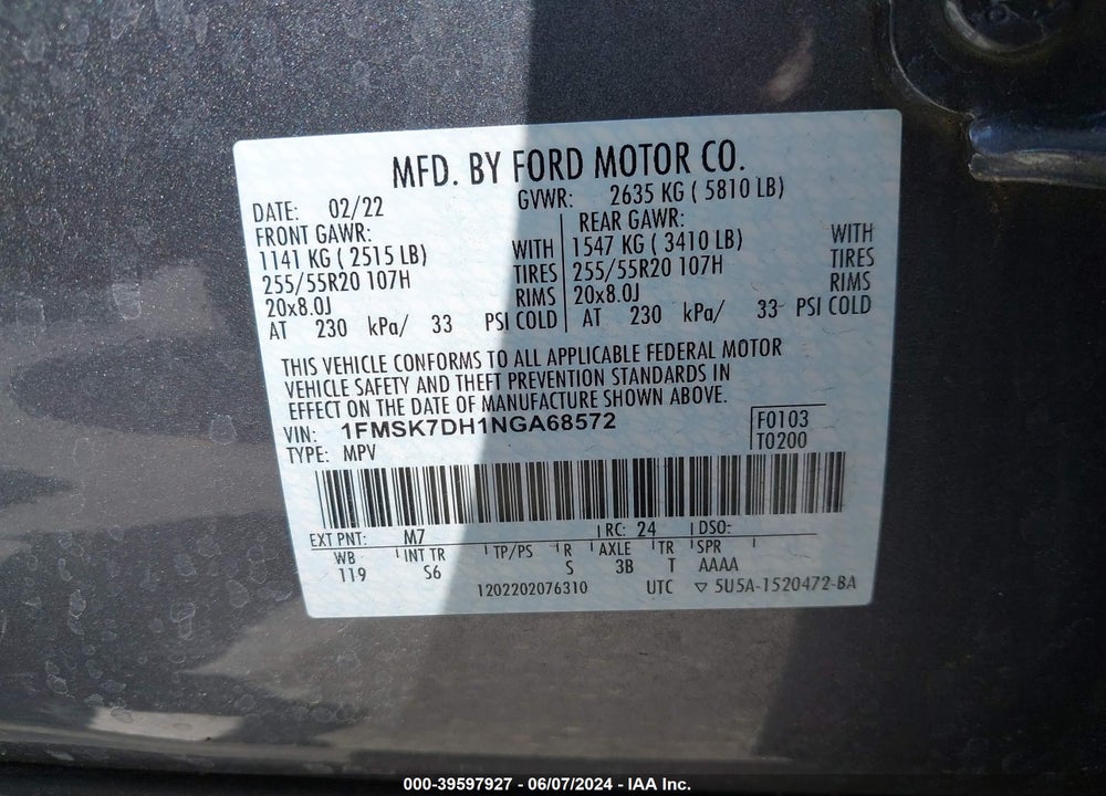 2022 FORD EXPLORER XLT VIN: 1FMSK7DH1NGA68572