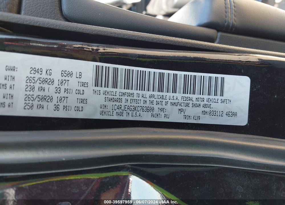2019 JEEP GRAND CHEROKEE ALTITUDE 4X2 VIN: 1C4RJEAG3KC763600