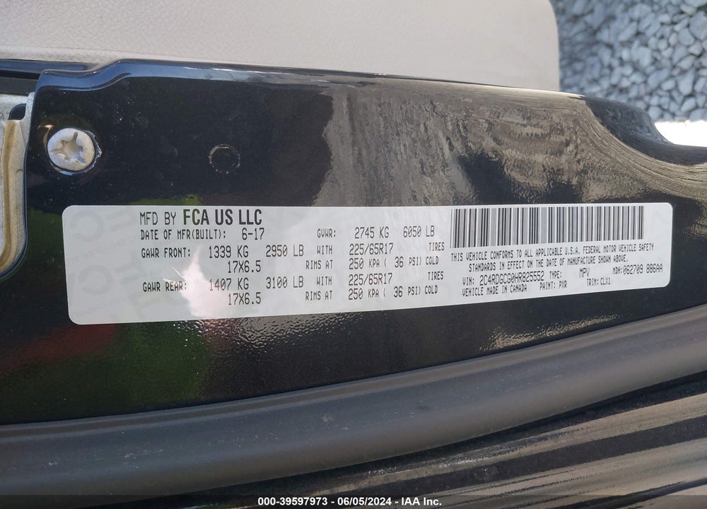 2017 DODGE GRAND CARAVAN SXT VIN: 2C4RDGCG0HR825552