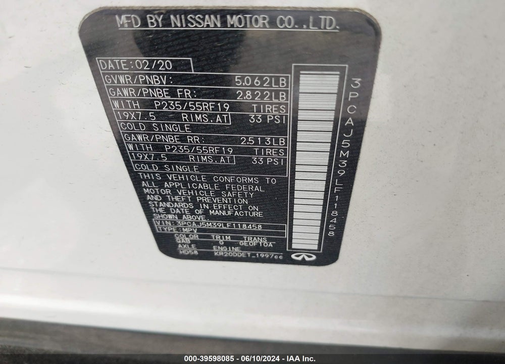 2020 INFINITI QX50 ESSENTIAL AWD VIN: 3PCAJ5M39LF118458