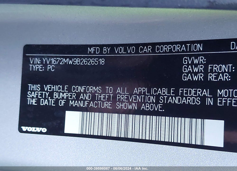 2011 VOLVO V50 T5/T5 R-DESIGN VIN: YV1672MW9B2626518