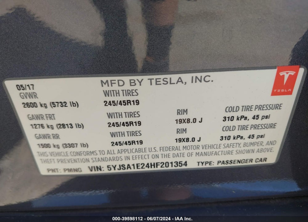 2017 TESLA MODEL S 100D/60D/75D/90D/P100D VIN: 5YJSA1E24HF201354