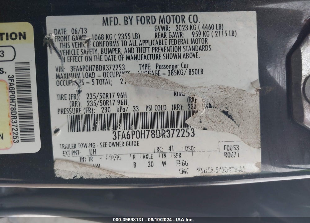 2013 FORD FUSION SE VIN: 3FA6P0H78DR372253