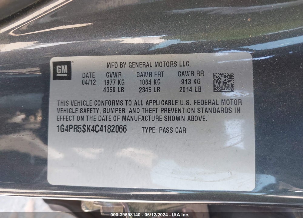 2012 BUICK VERANO CONVENIENCE GROUP VIN: 1G4PR5SK4C4182066