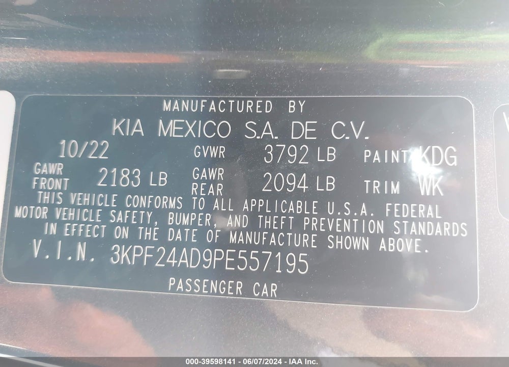 2023 KIA FORTE LXS VIN: 3KPF24AD9PE557195