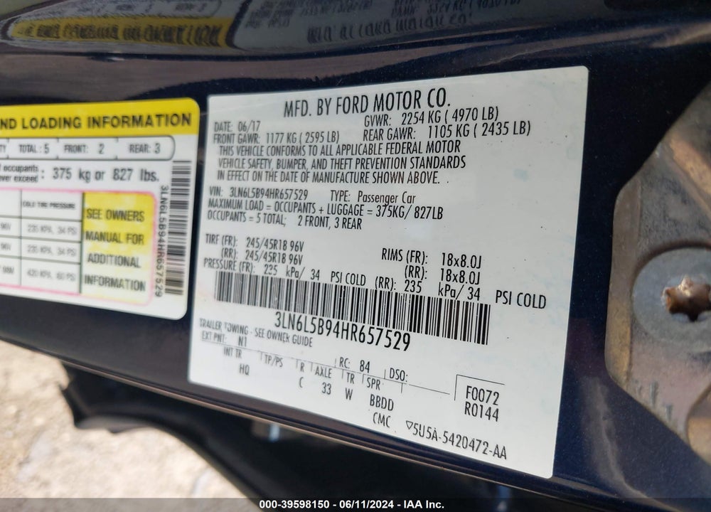 2017 LINCOLN MKZ PREMIERE VIN: 3LN6L5B94HR657529