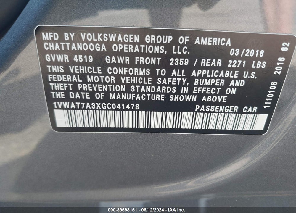2016 VOLKSWAGEN PASSAT 1.8T R-LINE VIN: 1VWAT7A3XGC041478