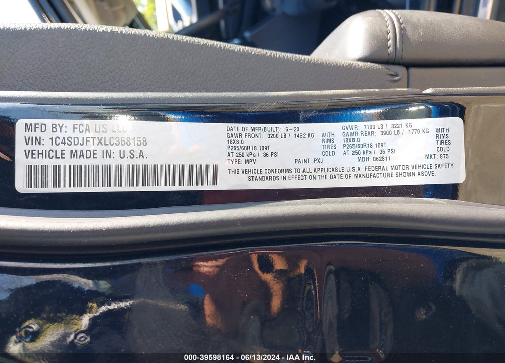 2020 DODGE DURANGO PURSUIT AWD VIN: 1C4SDJFTXLC368158
