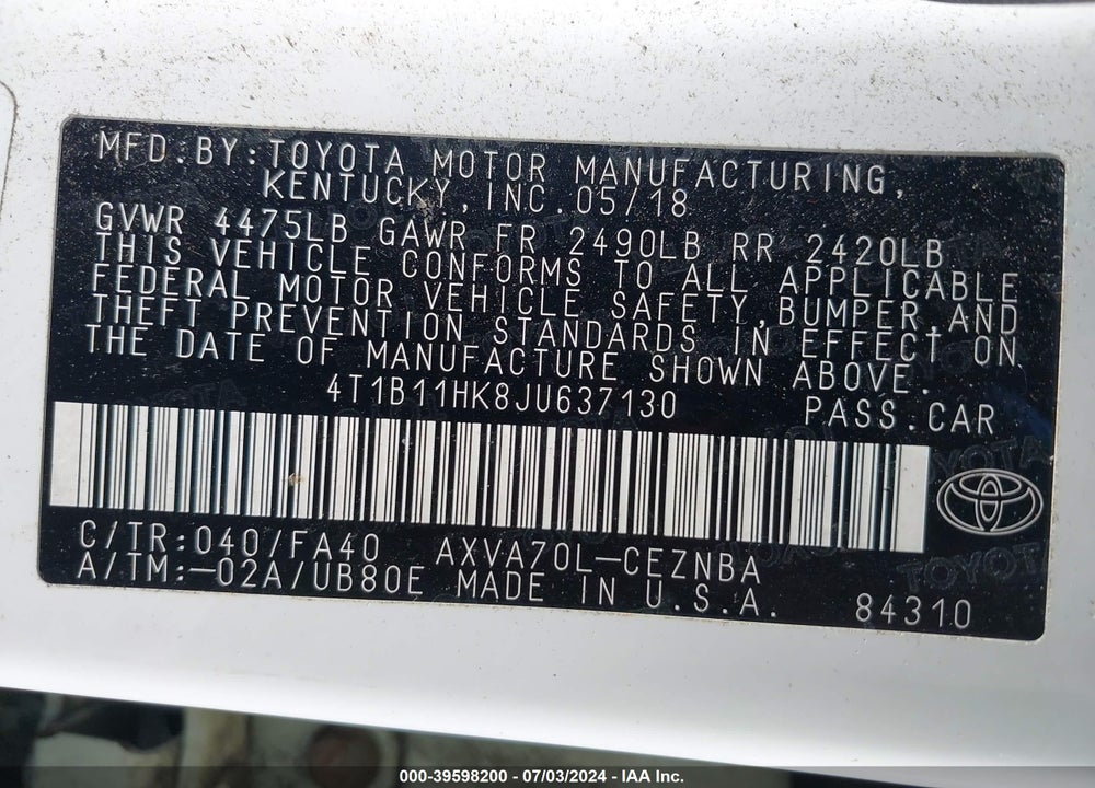 2018 TOYOTA CAMRY LE VIN: 4T1B11HK8JU637130