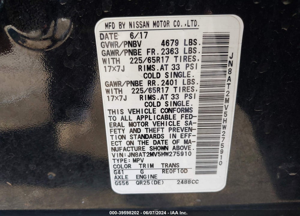 2017 NISSAN ROGUE S VIN: JN8AT2MV5HW275910
